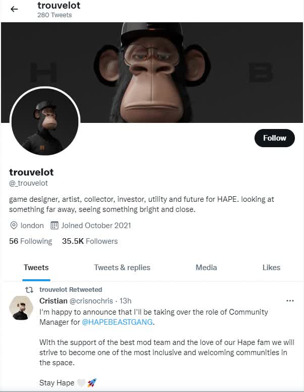 Página do Twitter do co-fundador do HAPEBEAST Trouvelot