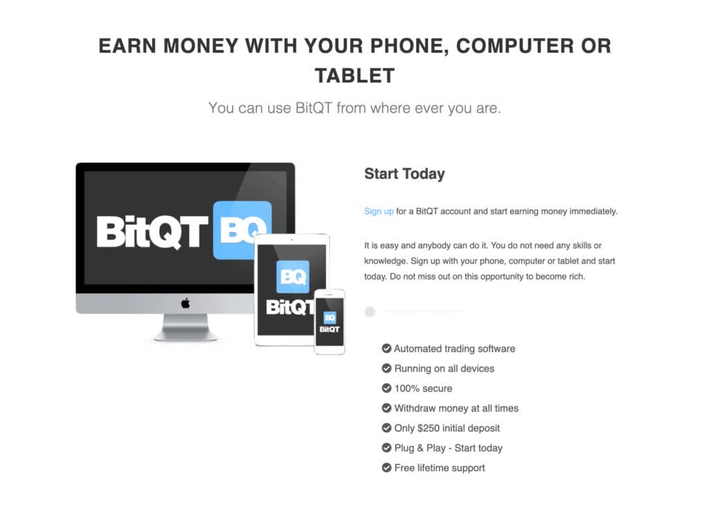 BitQT App is een platformonafhankelijke applicatie, dus het werkt op een aantal apparaten, waaronder Iphone en Samsung