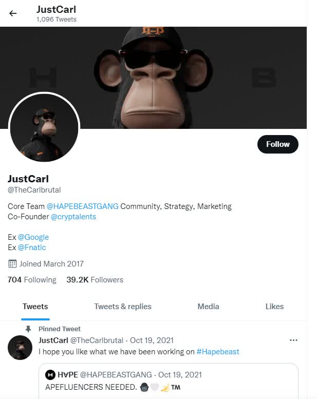 HAPEBEAST Co-Founder’s Twitter page Trouvelot