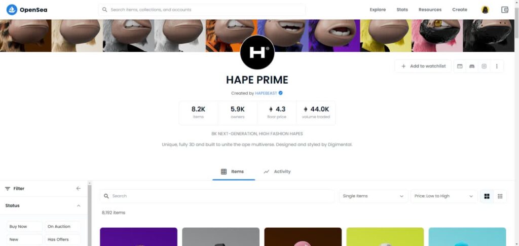 HAPEBEAST OPEN SEA COLLECTION IS OUT THERE (“HAPE PRIME”). You can see that the current floor price is at the 4.3 ETH apiece mark. It’s around $ 13k by the current ETH-USD rate.